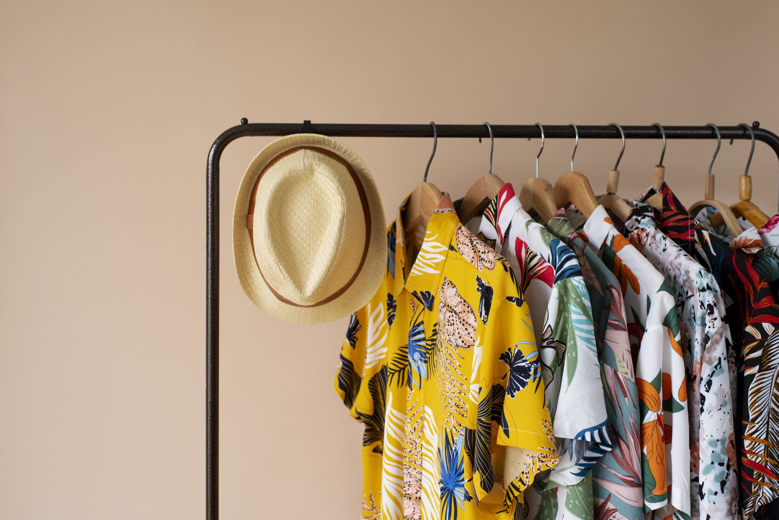 clothing-rack-with-floral-hawaiian-shirts-hangers-hat